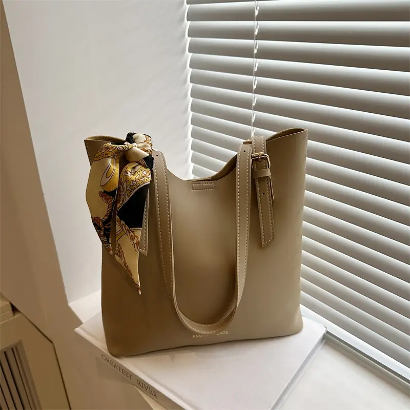 Women's Brown Leather Tote Bag with Silk Headband - Image 4