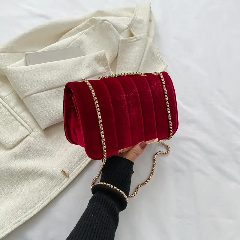 Velvet Square Bag for Women Red Chain Shoulder - Image 5