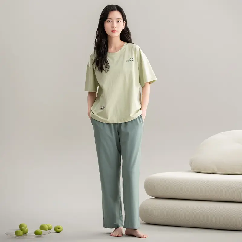 Class A Antibacterial Pajamas Women's Summer Short-sleeved Cotton Trousers Crewneck Girls Students 100% Cotton Home Clothes Women