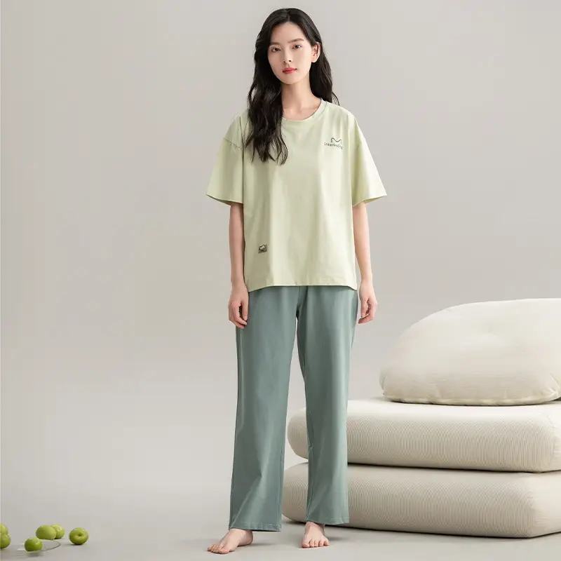Class A Antibacterial Pajamas Women's Summer Short-sleeved Cotton Trousers Crewneck Girls Students 100% Cotton Home Clothes Women