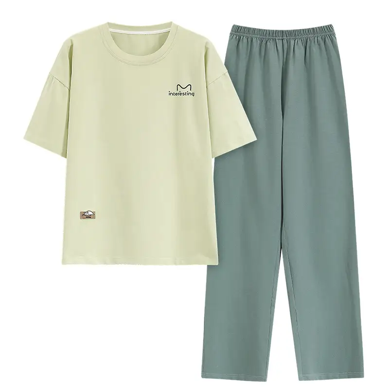 Class A Antibacterial Pajamas Women's Summer Short-sleeved Cotton Trousers Crewneck Girls Students 100% Cotton Home Clothes Women