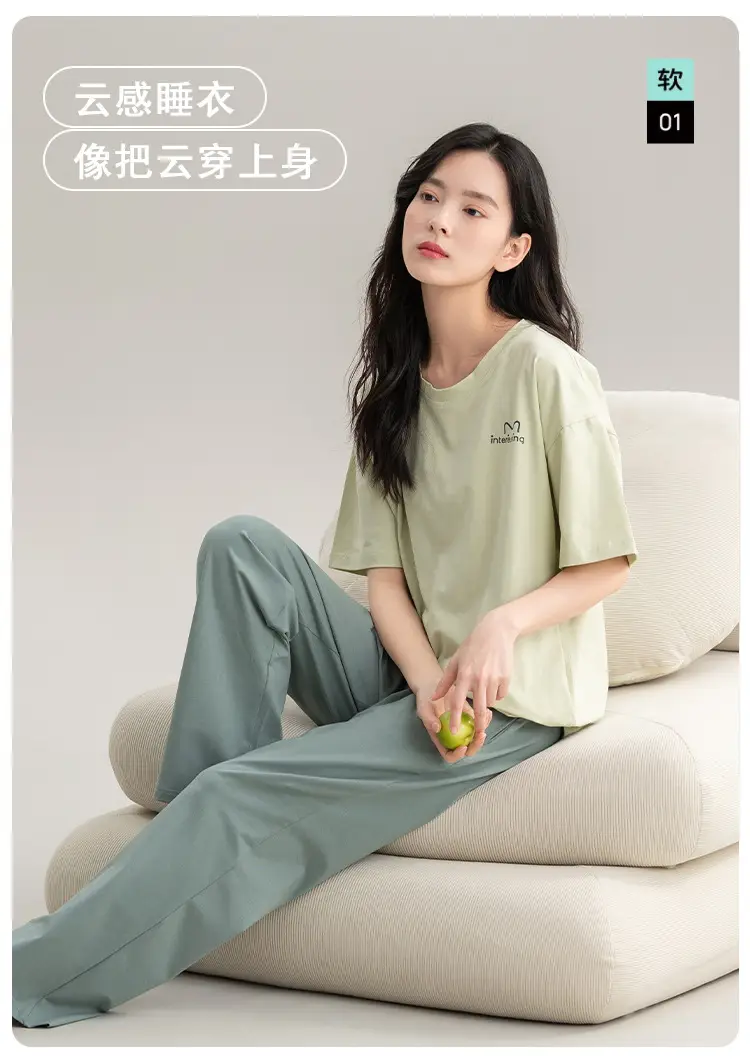 Class A Antibacterial Pajamas Women's Summer Short-sleeved Cotton Trousers Crewneck Girls Students 100% Cotton Home Clothes Women — feature 1