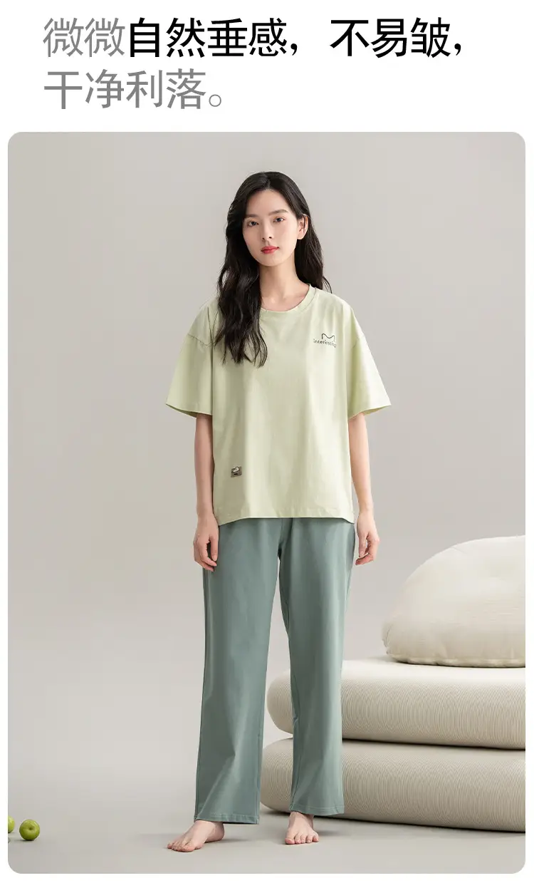 Class A Antibacterial Pajamas Women's Summer Short-sleeved Cotton Trousers Crewneck Girls Students 100% Cotton Home Clothes Women — feature 12