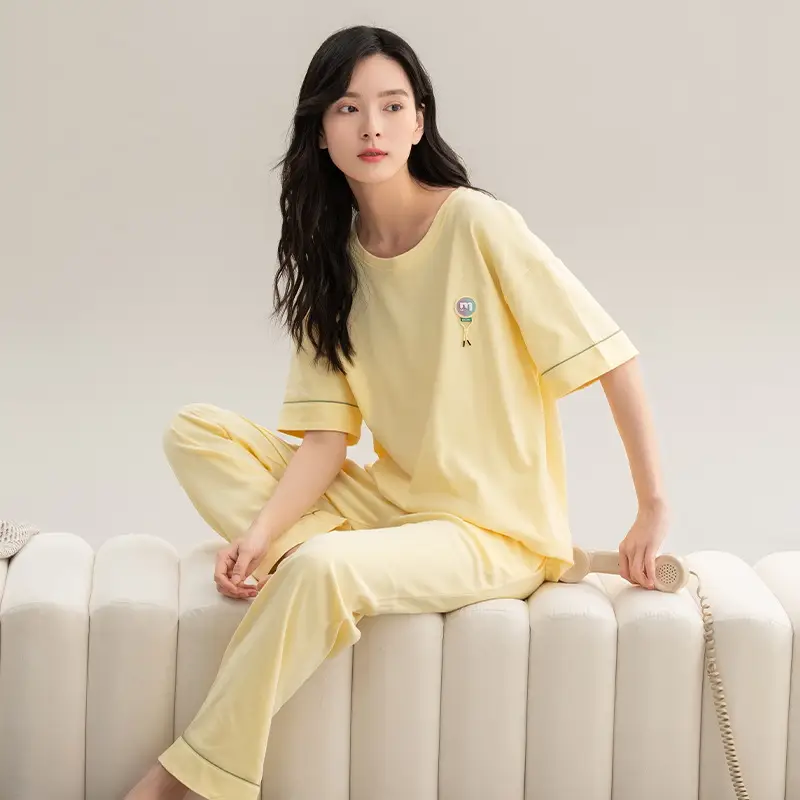 Class A Antibacterial Pajamas Women's Summer Short-sleeved Cotton Trousers Crewneck Girls Students 100% Cotton Home Clothes Women