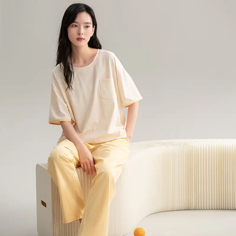 Class A Antibacterial Pajamas Women's Summer Short-sleeved Cotton Trousers Crewneck Girls Students 100% Cotton Home Clothes Women