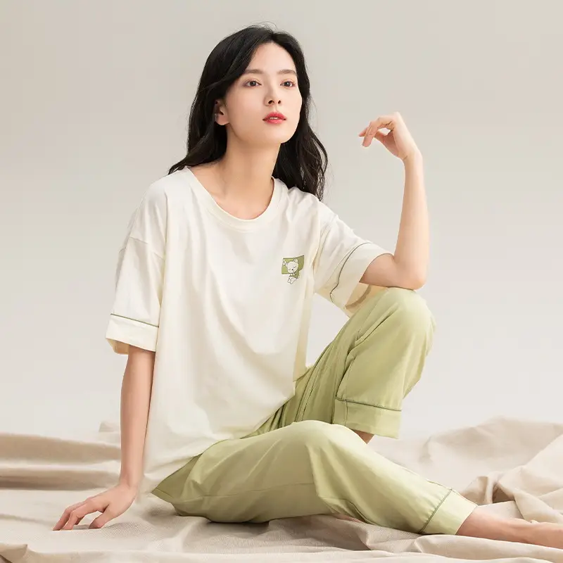 Class A Antibacterial Pajamas Women's Summer Short-sleeved Cotton Trousers Crewneck Girls Students 100% Cotton Home Clothes Women
