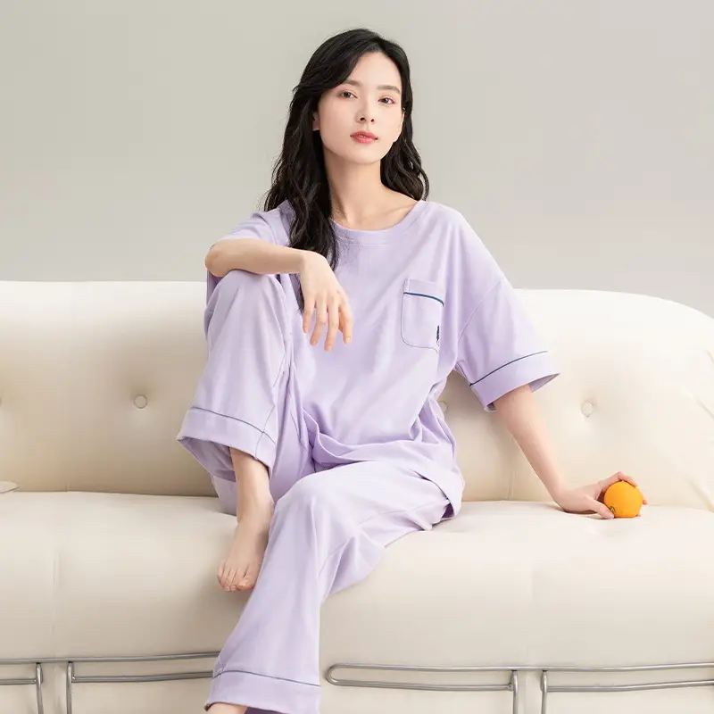 Class A Antibacterial Pajamas Women's Summer Short-sleeved Cotton Trousers Crewneck Girls Students 100% Cotton Home Clothes Women