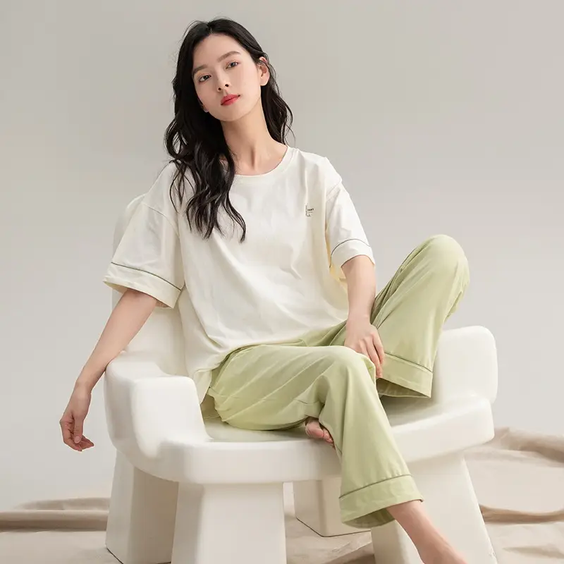 Class A Antibacterial Pajamas Women's Summer Short-sleeved Cotton Trousers Crewneck Girls Students 100% Cotton Home Clothes Women