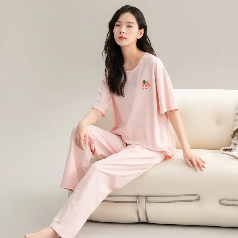 Class A Antibacterial Pajamas Women's Summer Short-sleeved Cotton Trousers Crewneck Girls Students 100% Cotton Home Clothes Women