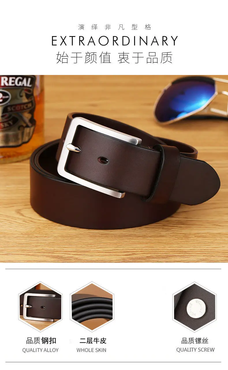 Men's Black Leather Belt with Silver Buckle 3.5cm — feature 5