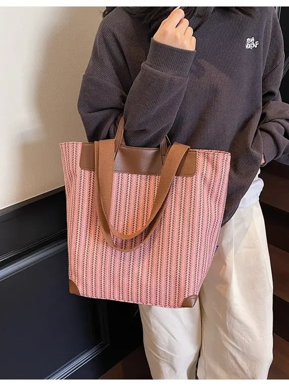 Women's Striped Woven Handbag with Brown Handles - Image 4