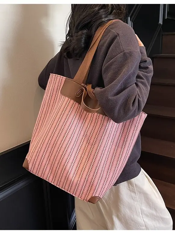 Women's Striped Woven Handbag with Brown Handles - Image 5