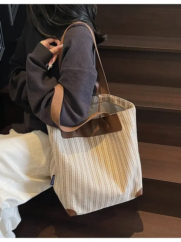 Women's Striped Woven Handbag with Brown Handles - Image 6