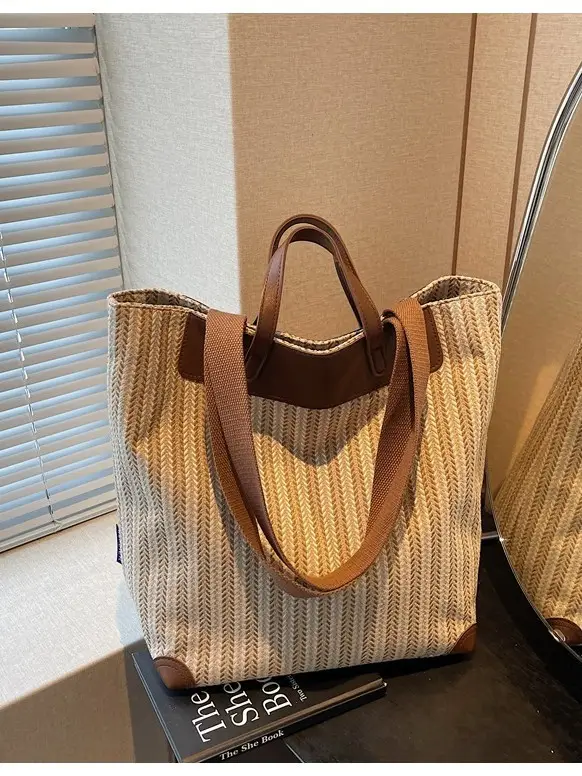 Women's Striped Woven Handbag with Brown Handles - Image 7