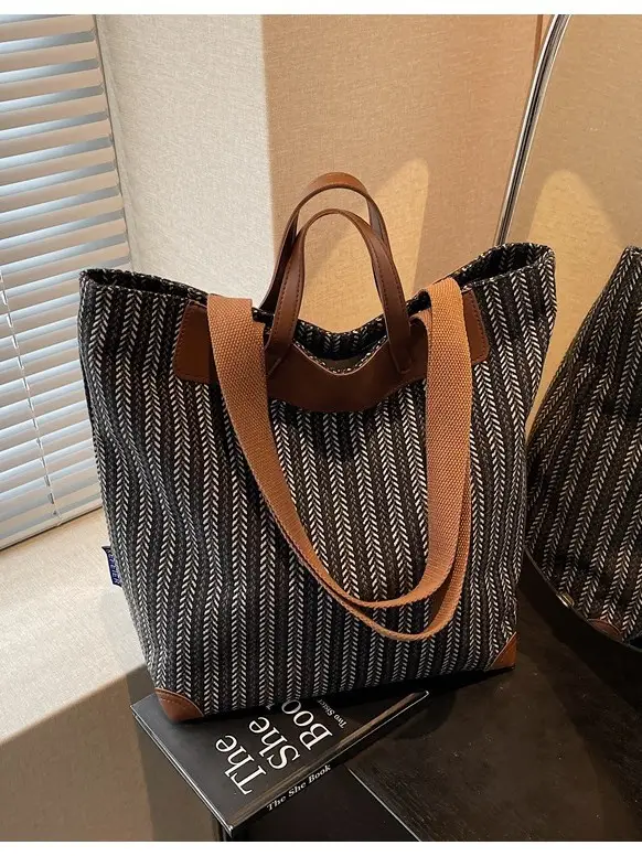 Women's Striped Woven Handbag with Brown Handles - Image 8