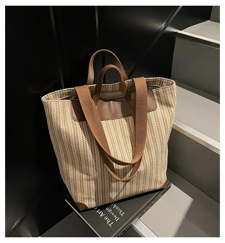 Women's Striped Woven Handbag with Brown Handles — feature 1