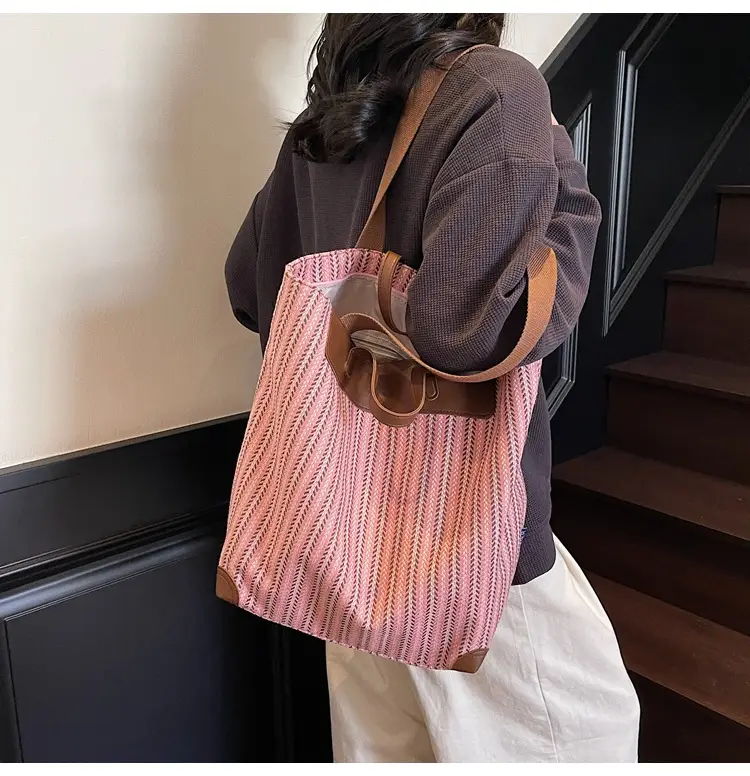 Women's Striped Woven Handbag with Brown Handles — feature 10