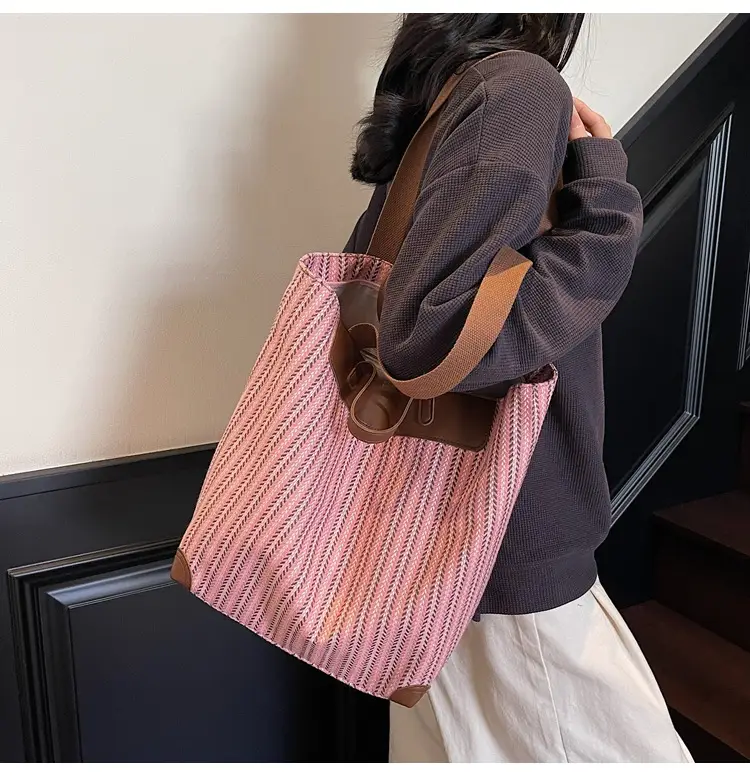 Women's Striped Woven Handbag with Brown Handles — feature 11