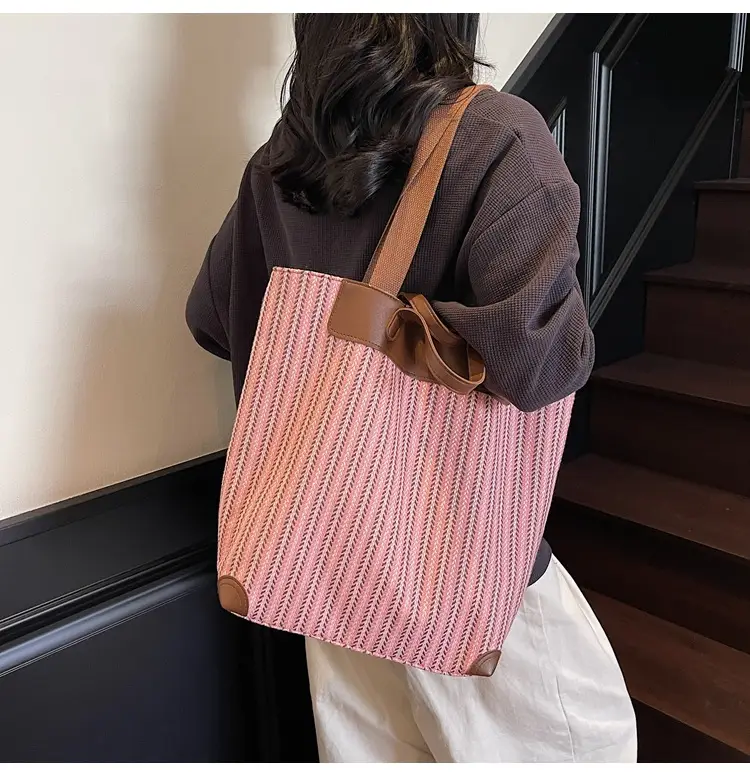 Women's Striped Woven Handbag with Brown Handles — feature 12