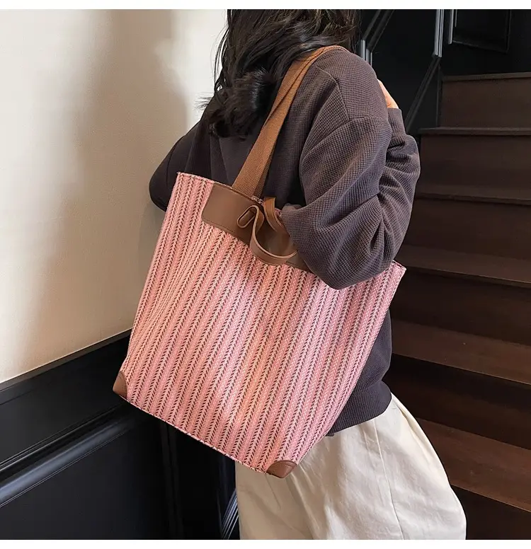 Women's Striped Woven Handbag with Brown Handles — feature 13