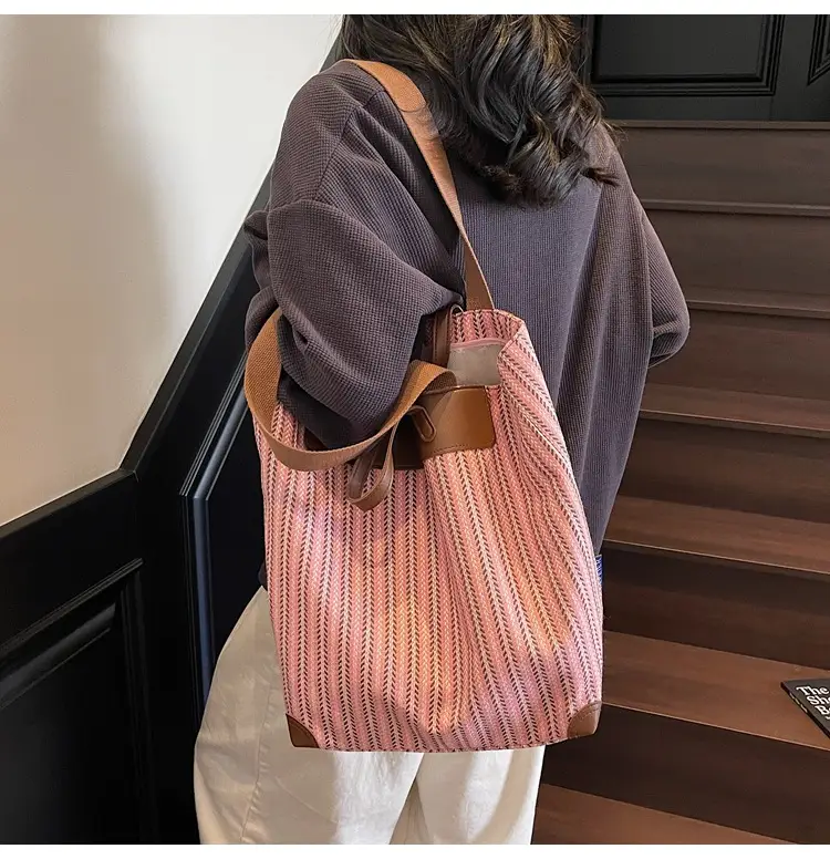 Women's Striped Woven Handbag with Brown Handles — feature 14
