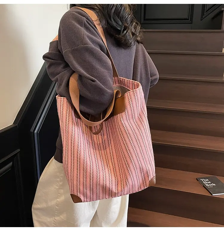 Women's Striped Woven Handbag with Brown Handles — feature 15