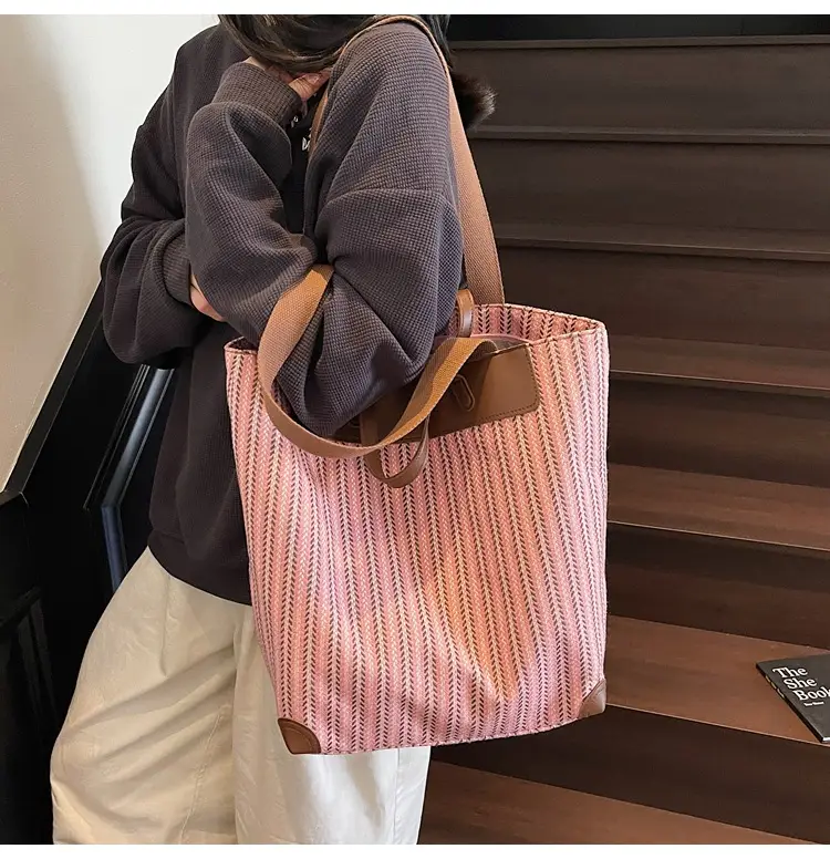 Women's Striped Woven Handbag with Brown Handles — feature 16
