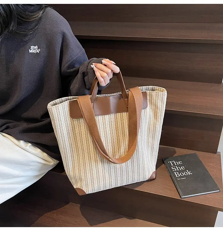 Women's Striped Woven Handbag with Brown Handles — feature 17