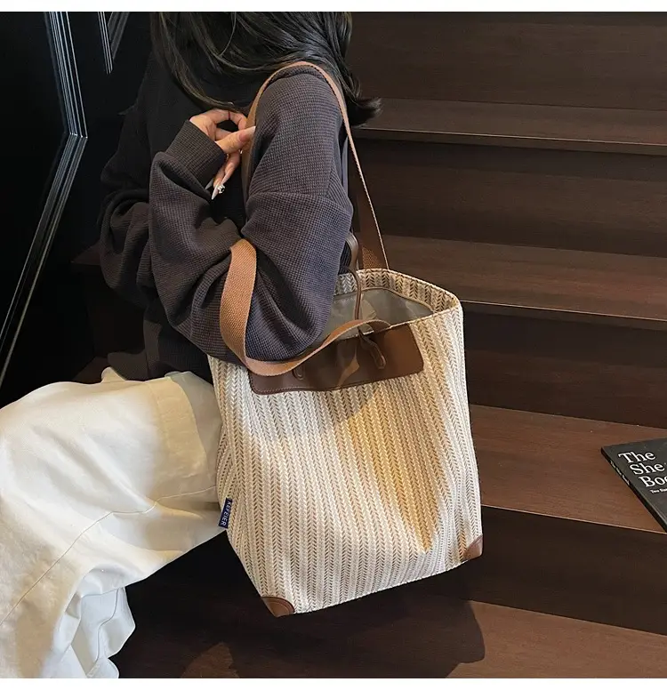 Women's Striped Woven Handbag with Brown Handles — feature 18