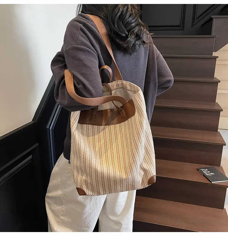 Women's Striped Woven Handbag with Brown Handles — feature 19