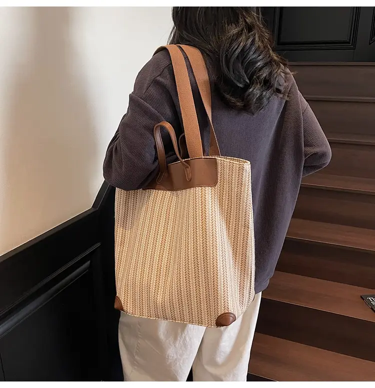 Women's Striped Woven Handbag with Brown Handles — feature 20