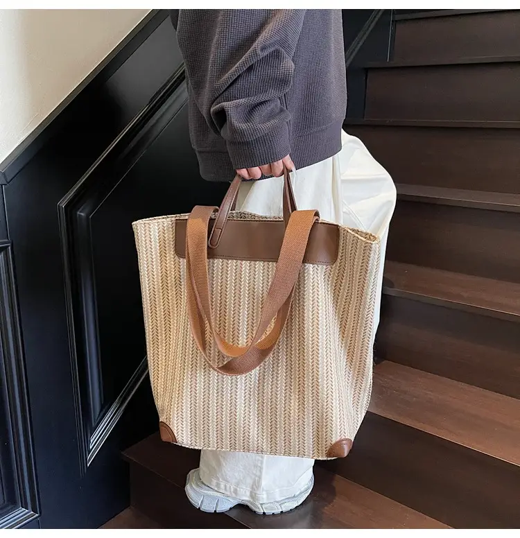 Women's Striped Woven Handbag with Brown Handles — feature 22