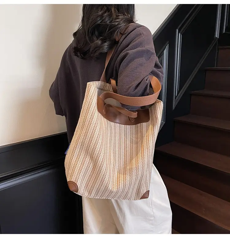 Women's Striped Woven Handbag with Brown Handles — feature 23
