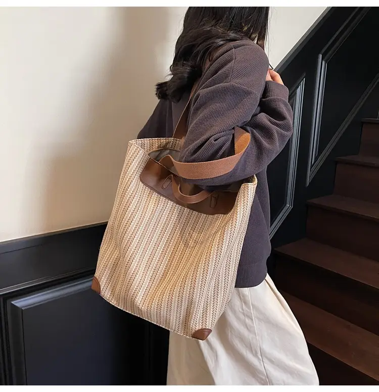 Women's Striped Woven Handbag with Brown Handles — feature 24