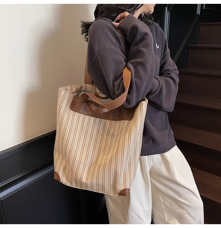 Women's Striped Woven Handbag with Brown Handles — feature 25