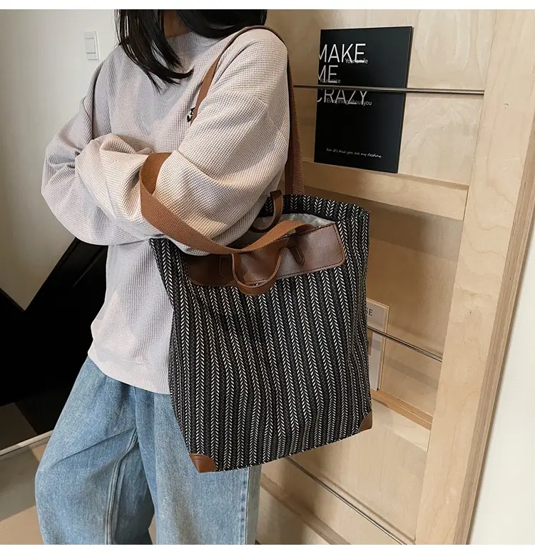 Women's Striped Woven Handbag with Brown Handles — feature 26