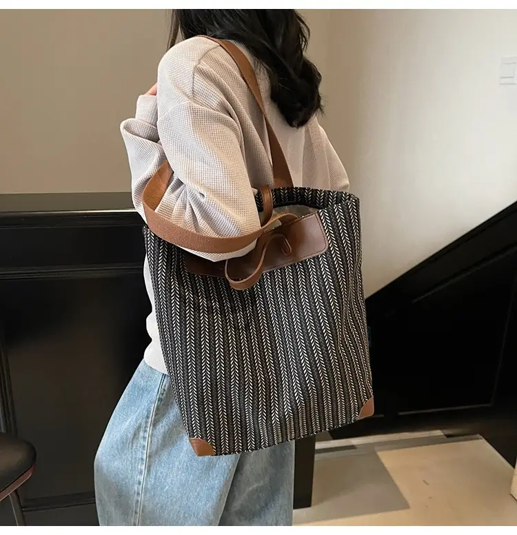 Women's Striped Woven Handbag with Brown Handles — feature 27
