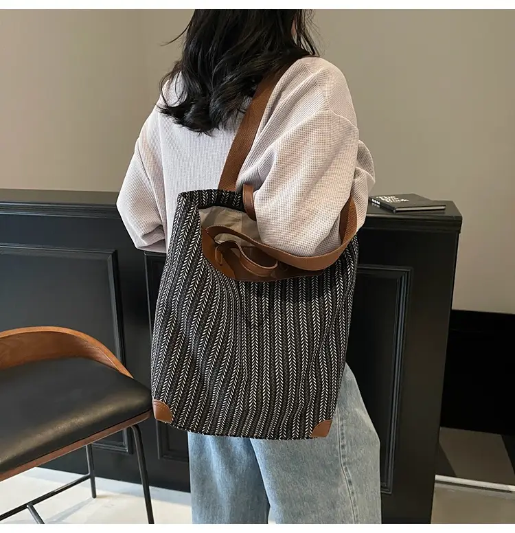 Women's Striped Woven Handbag with Brown Handles — feature 29
