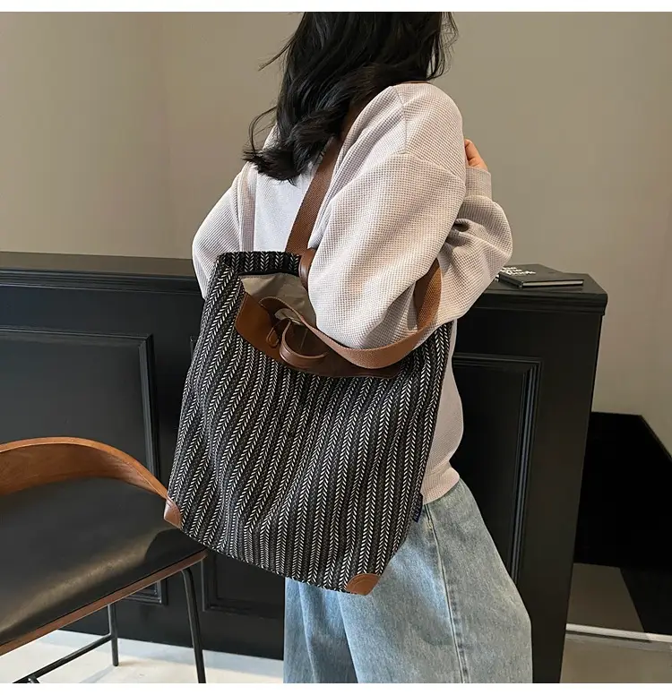 Women's Striped Woven Handbag with Brown Handles — feature 30