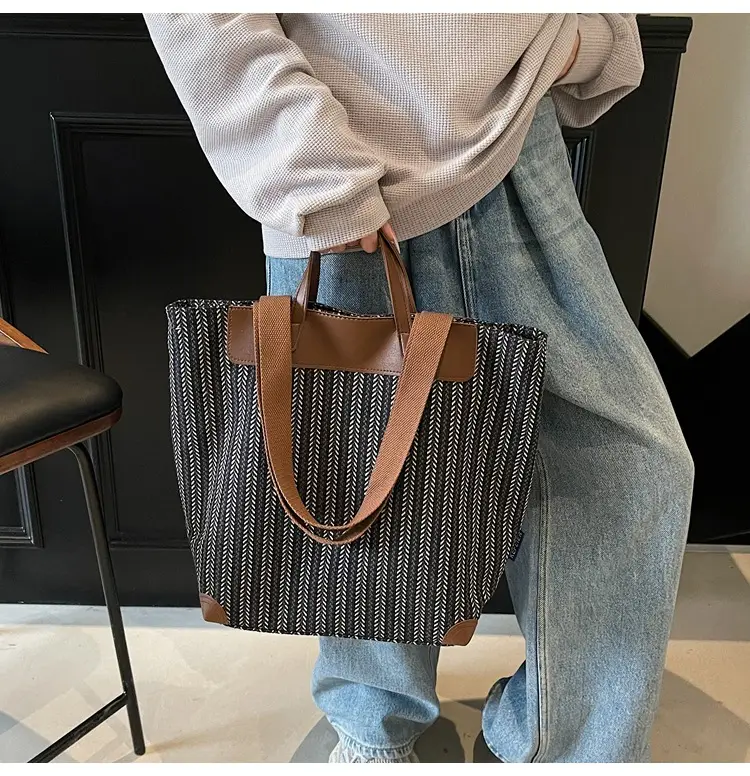Women's Striped Woven Handbag with Brown Handles — feature 33