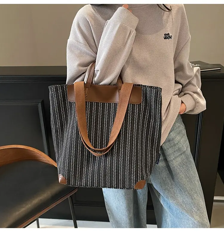 Women's Striped Woven Handbag with Brown Handles — feature 34