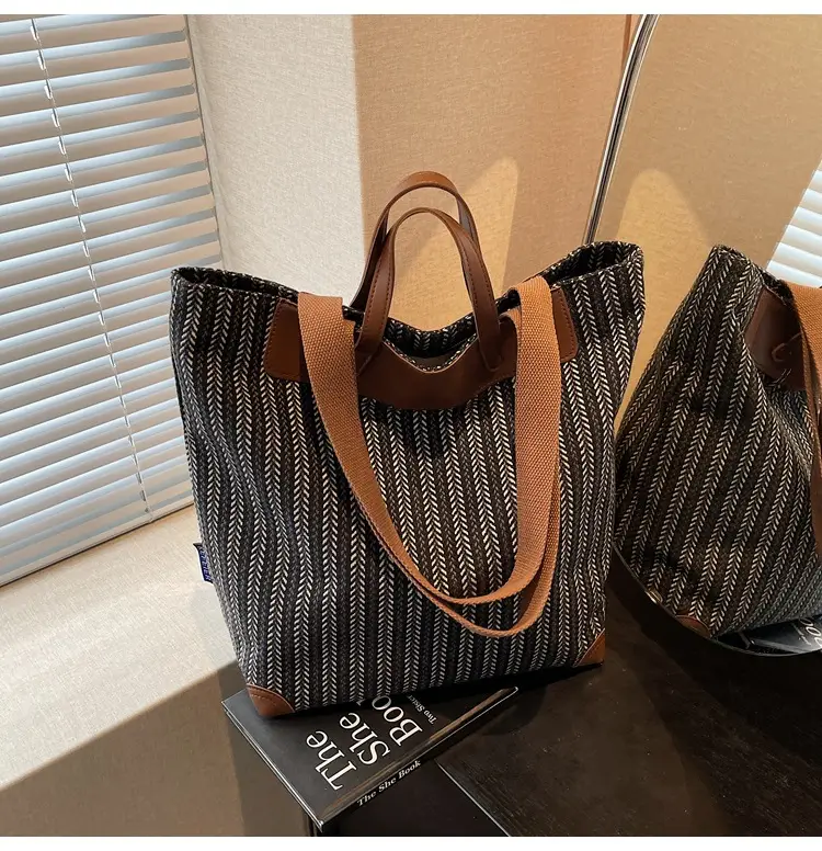 Women's Striped Woven Handbag with Brown Handles — feature 35