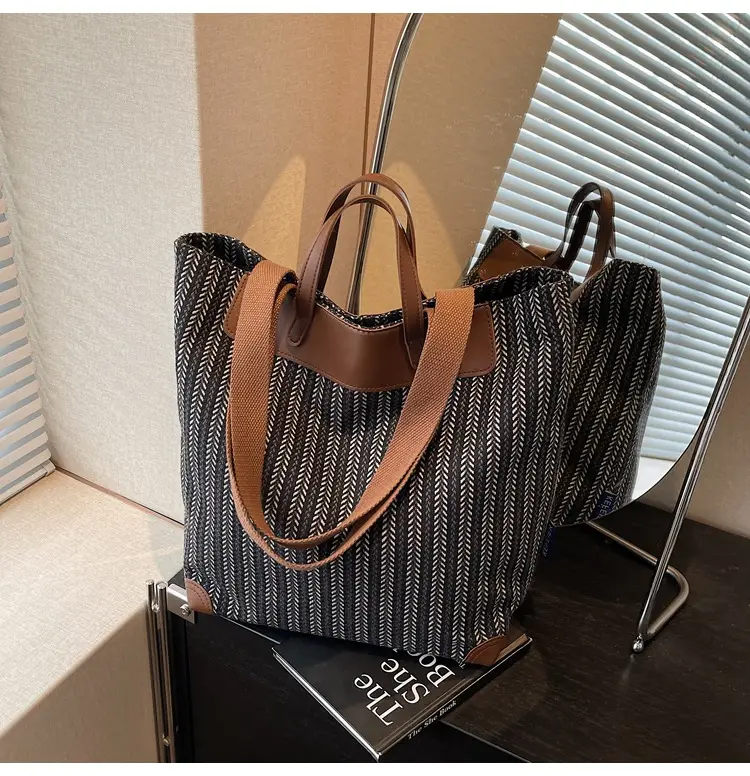 Women's Striped Woven Handbag with Brown Handles — feature 36