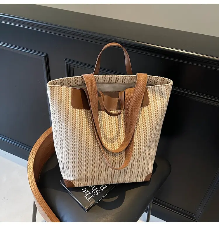 Women's Striped Woven Handbag with Brown Handles — feature 37