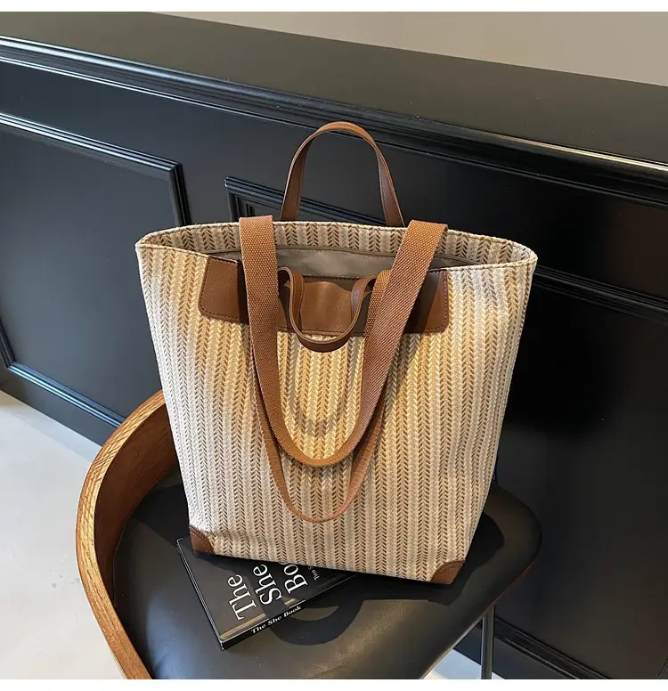 Women's Striped Woven Handbag with Brown Handles — feature 38