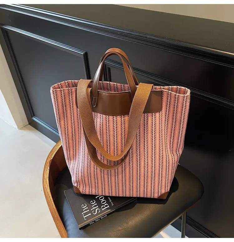Women's Striped Woven Handbag with Brown Handles — feature 39