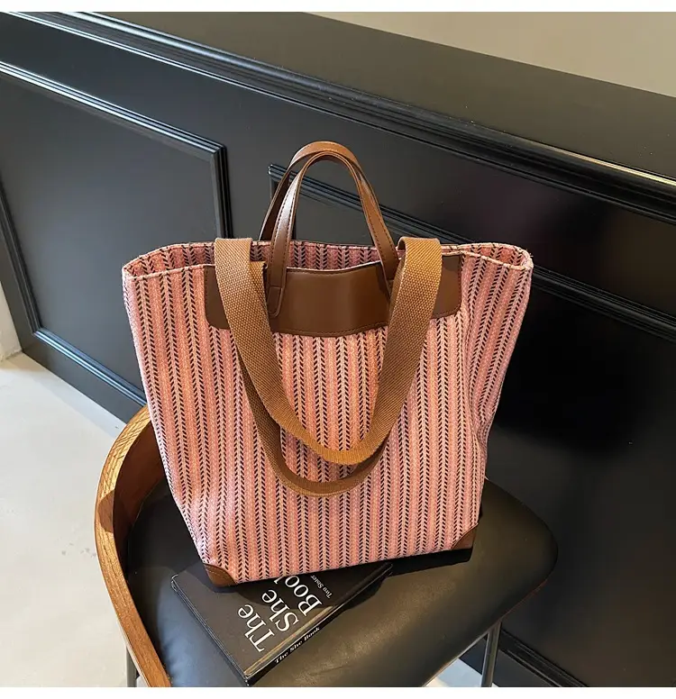 Women's Striped Woven Handbag with Brown Handles — feature 40