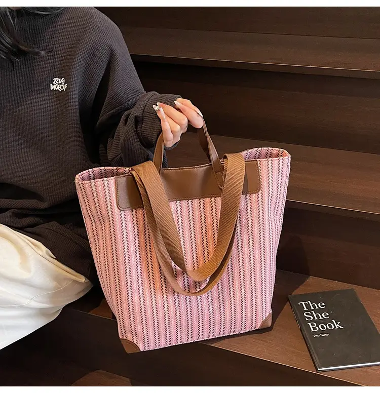 Women's Striped Woven Handbag with Brown Handles — feature 9