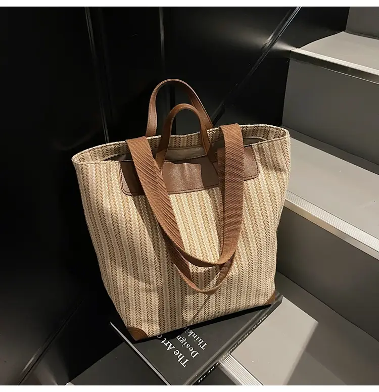 Women's Striped Woven Handbag with Brown Handles - Image 2