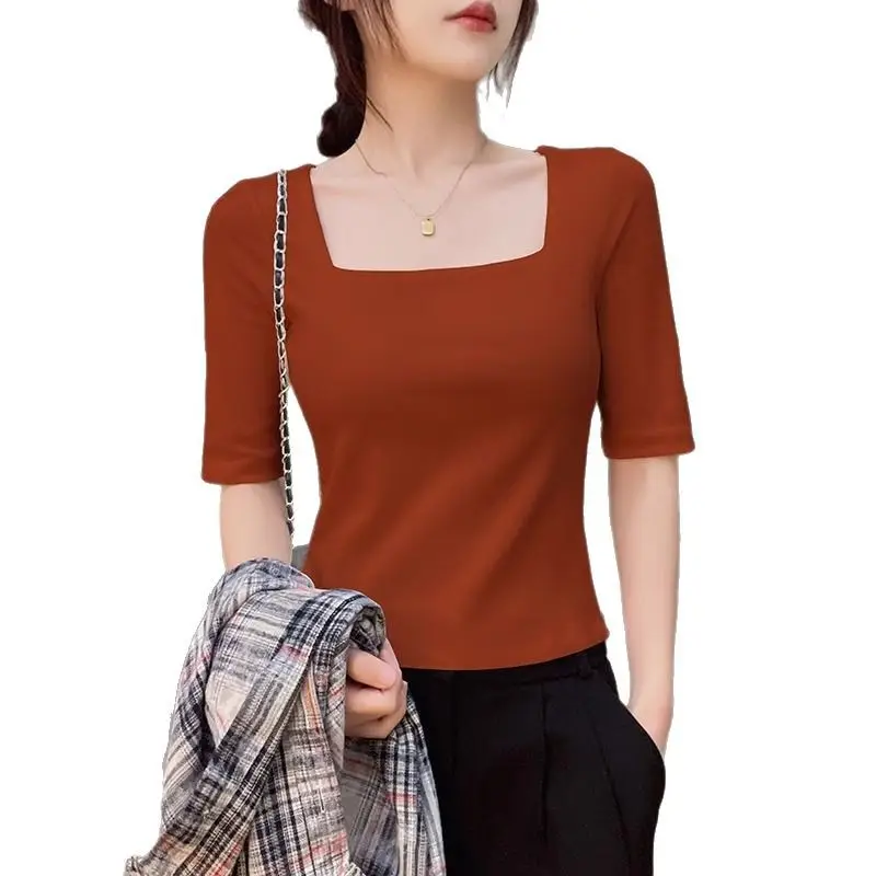 Black Mid-sleeve T-shirt Women's 2025 Summer New Design Sense French Square Neck Shoulder Slimming Half-sleeve Base Top - Image 7